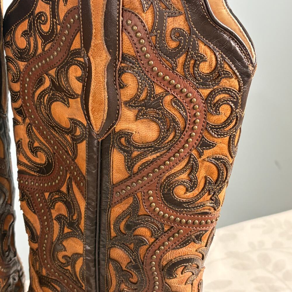 Corral Handcrafted Brown Leather Overlay Studs Western Cowgirl Boots sz 8M - Picture 3 of 6